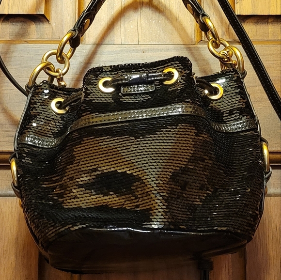 COACH POPPY BLACK SEQUINS CINCH DRAWSTRING MINI BUCKET CROSSBODY HANDBAG 18726 - Picture 14 of 16